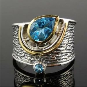 Blue gold silver three tone ring